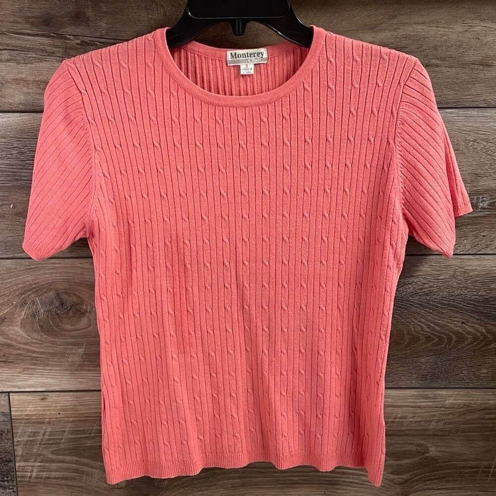 MONTEREY CLUB Vintage Short Sleeve Knit Ribbed Sweater Size Small Coral